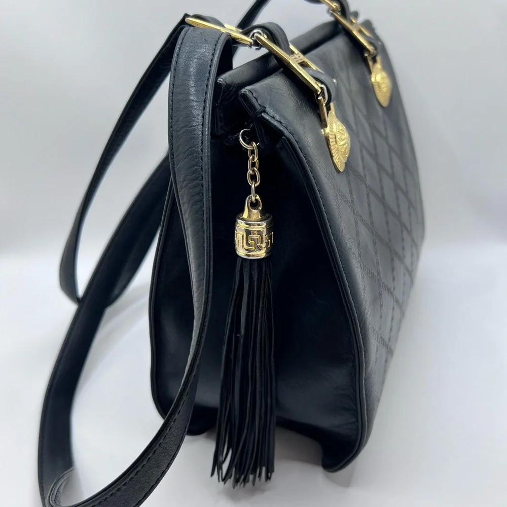 Authentic VERSACE Vintage Black Leather Zip Shoulder Bag Purse W/ Tassel
